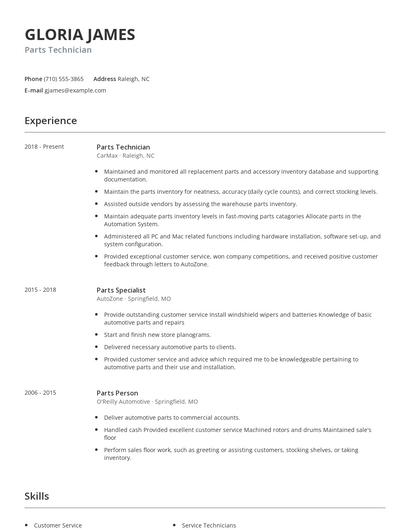 Parts Technician Resume