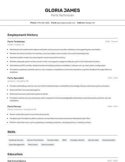 Parts Technician Resume