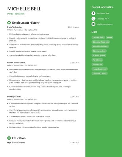 Parts Technician Resume