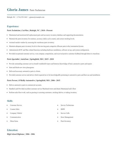 Parts Technician Resume