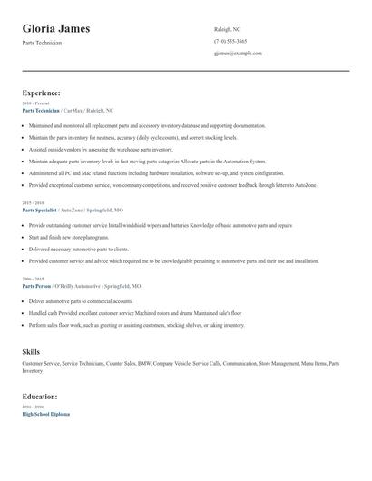 Parts Technician Resume