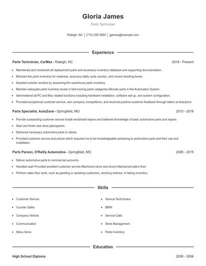 Parts Technician Resume