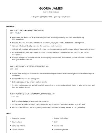 Parts Technician Resume