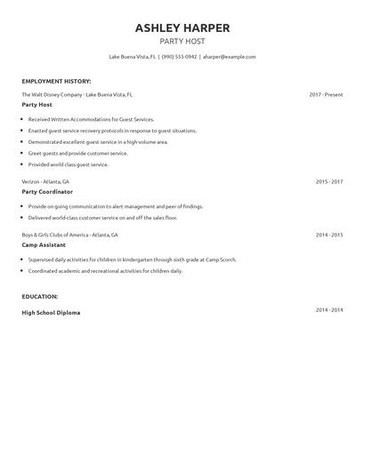Party Host Resume