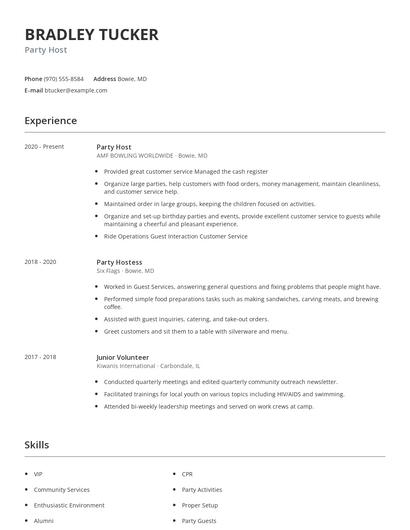 Party Host Resume