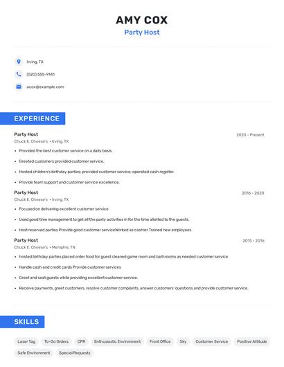 Party Host Resume