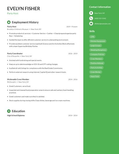 Party Host Resume