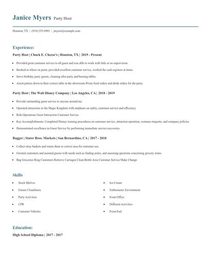 Party Host Resume