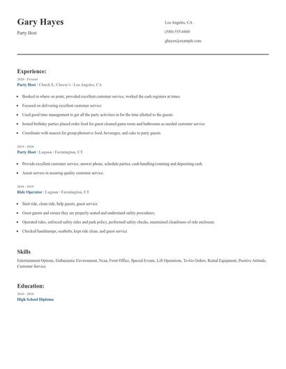Party Host Resume