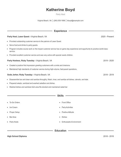 Party Host Resume