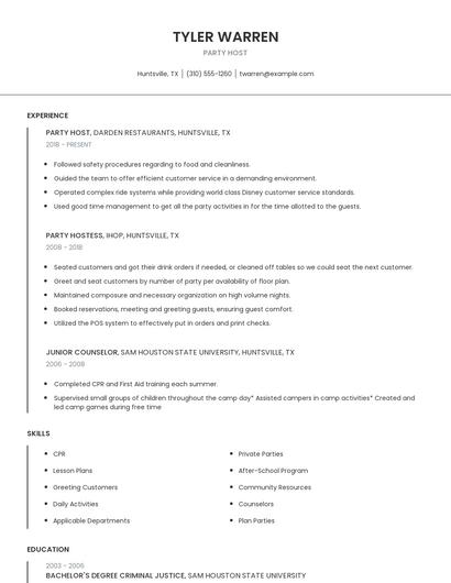 Party Host Resume