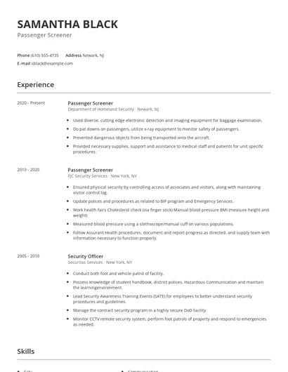 Passenger Screener Resume