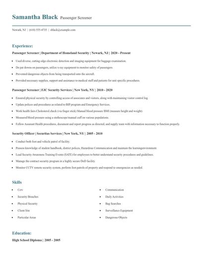 Passenger Screener Resume