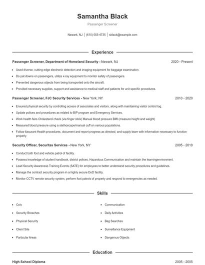 Passenger Screener Resume