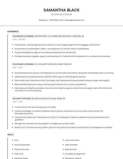 Passenger Screener Resume