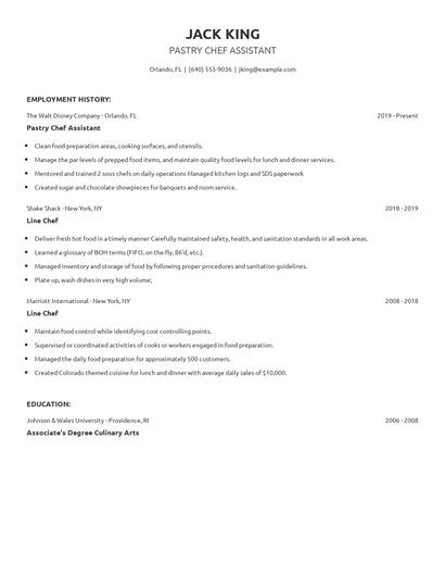 Pastry Chef Assistant Resume