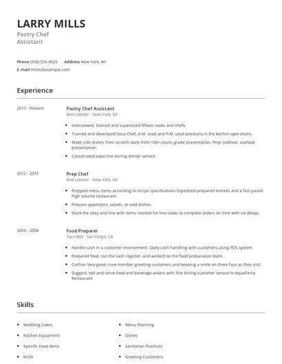 Pastry Chef Assistant Resume