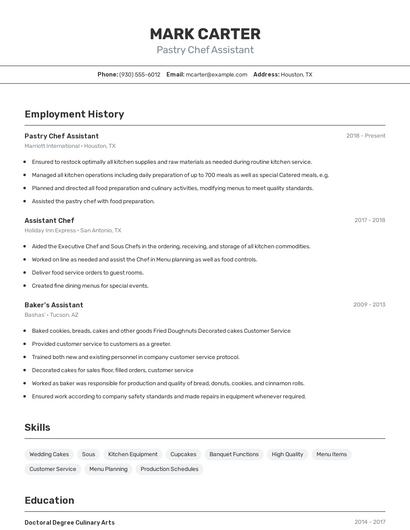 Pastry Chef Assistant Resume
