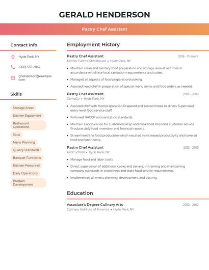 Pastry Chef Assistant Resume