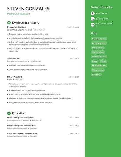 Pastry Chef Assistant Resume