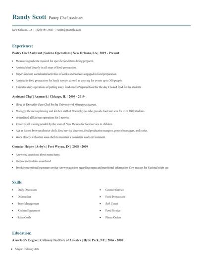 Pastry Chef Assistant Resume