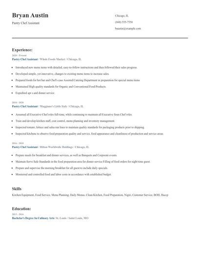 Pastry Chef Assistant Resume