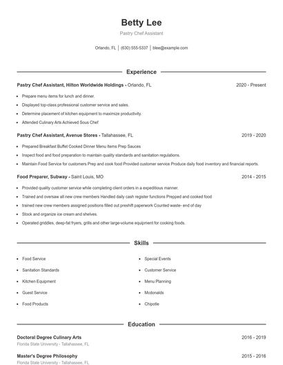 Pastry Chef Assistant Resume