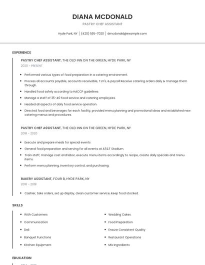 Pastry Chef Assistant Resume