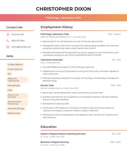 Pathology Laboratory Aide Resume