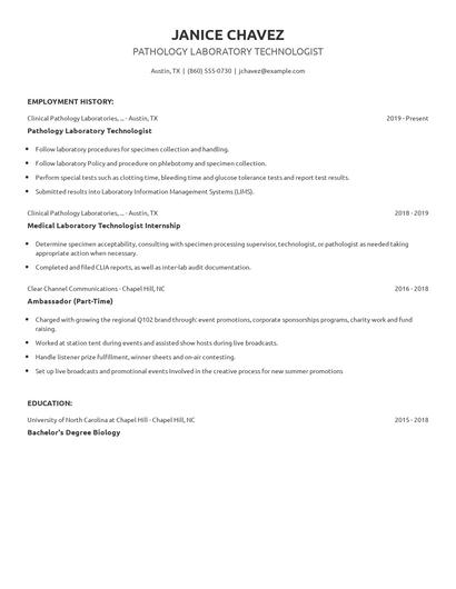 Pathology Laboratory Technologist Resume
