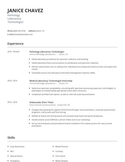 Pathology Laboratory Technologist Resume