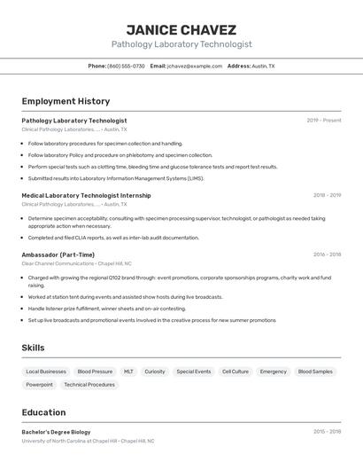 Pathology Laboratory Technologist Resume