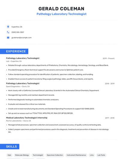 Pathology Laboratory Technologist Resume