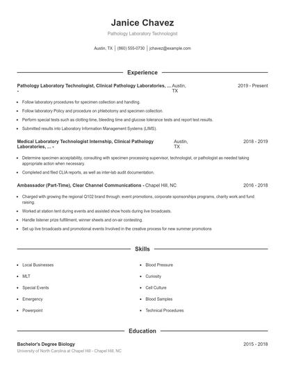 Pathology Laboratory Technologist Resume