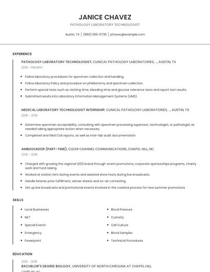 Pathology Laboratory Technologist Resume