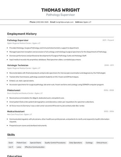 Pathology Supervisor Resume
