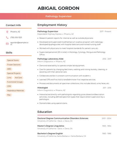 Pathology Supervisor Resume