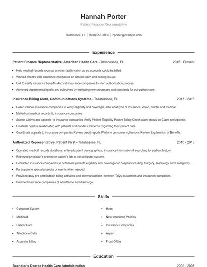 Patient Finance Representative Resume