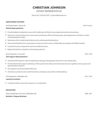 Patient Representative Resume