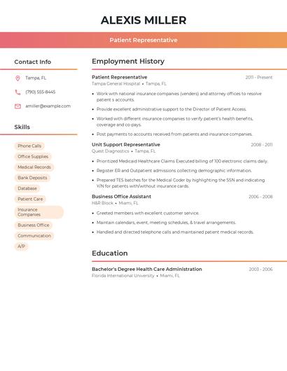 Patient Representative Resume