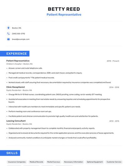 Patient Representative Resume
