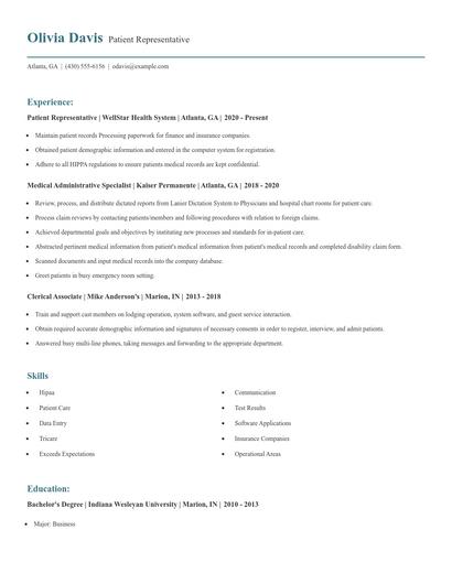 Patient Representative Resume
