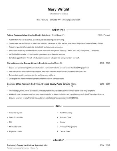 Patient Representative Resume