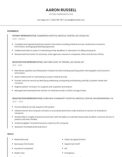 Patient Representative Resume
