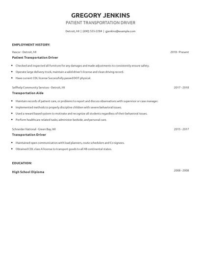 Patient Transportation Driver Resume