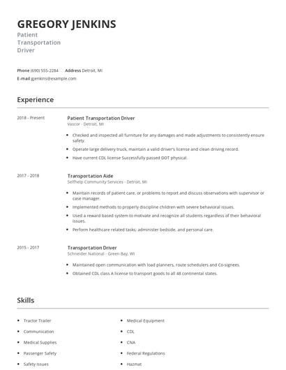 Patient Transportation Driver Resume
