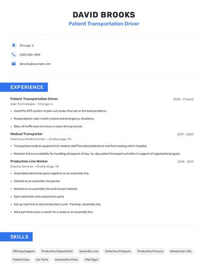 Patient Transportation Driver Resume