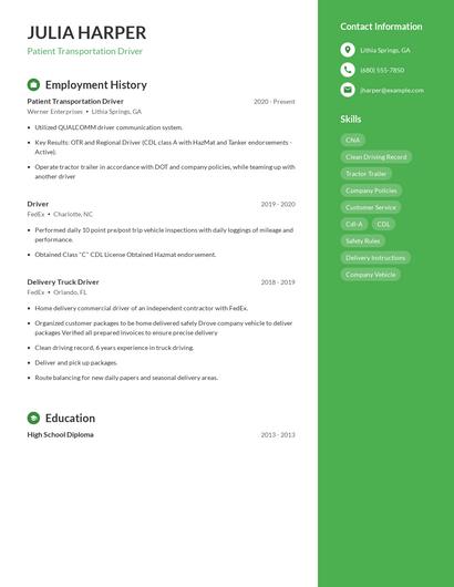 Patient Transportation Driver Resume
