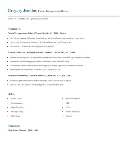 Patient Transportation Driver Resume