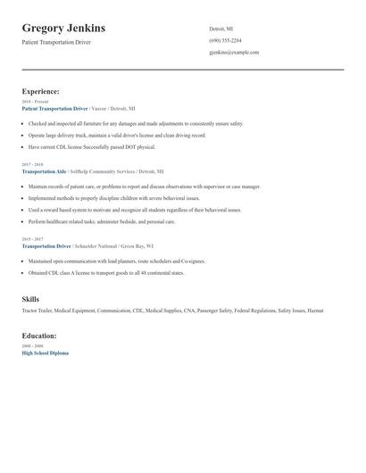 Patient Transportation Driver Resume